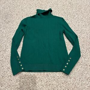 Talbots Turtleneck Sweater Gold Button Detail Sz M Cotton Blend Green